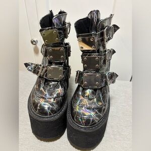 Demonia Swing 105LBH Wedge Platform Boots Holographic Lightning Women’s 6